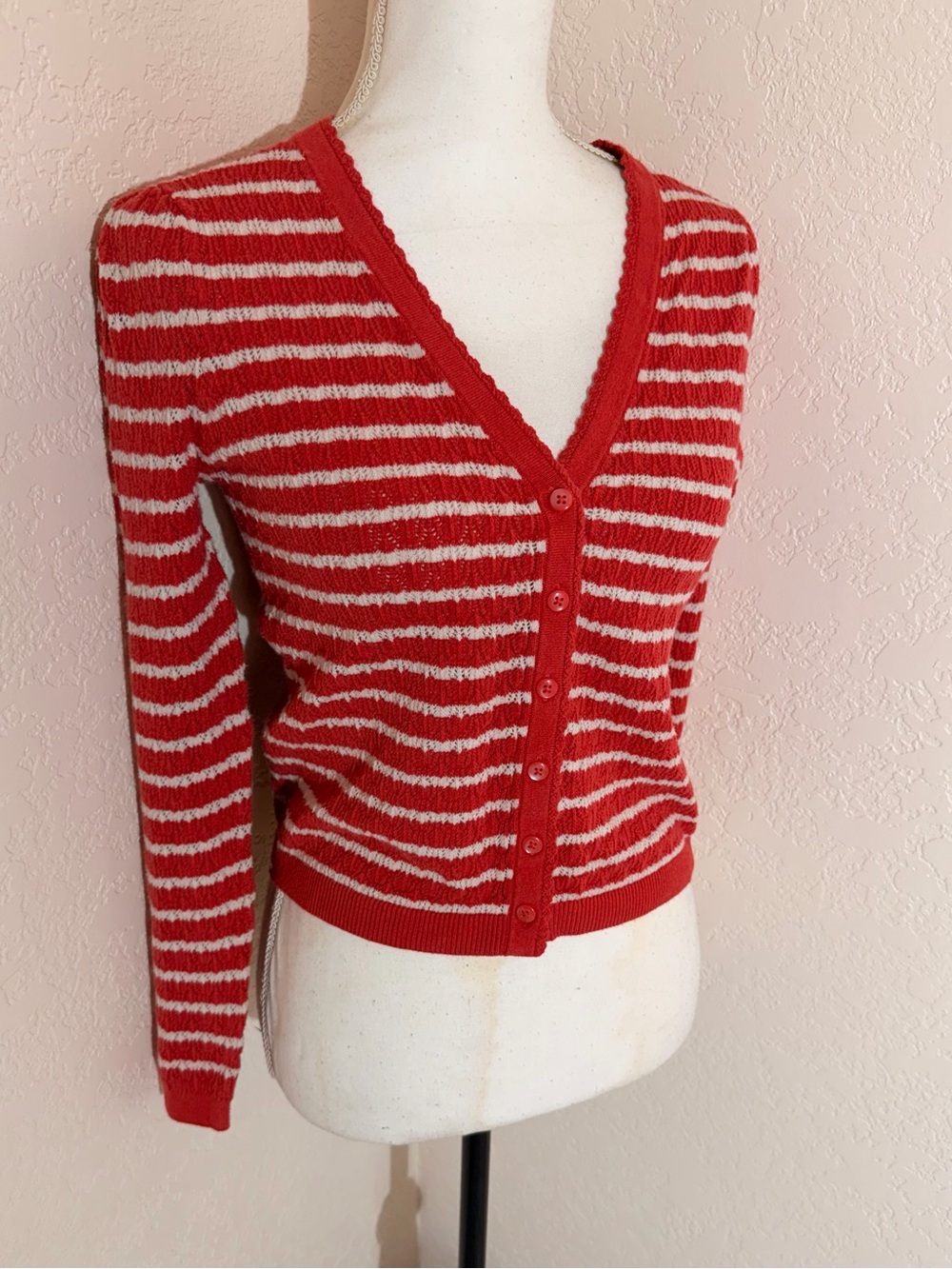 Old Navy Striped Red and White V‑Neck Button Cardigan